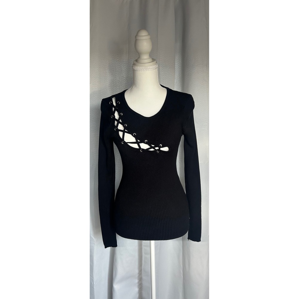 Guess Los Angeles Black Ribbed Knit Lace Up Cutout Long Sleeve Sweater  M.